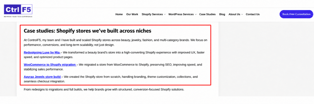 controlf5 shopify case studies section