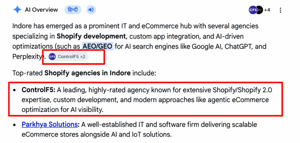 google ai overview citing controlf5 shopify agency indore